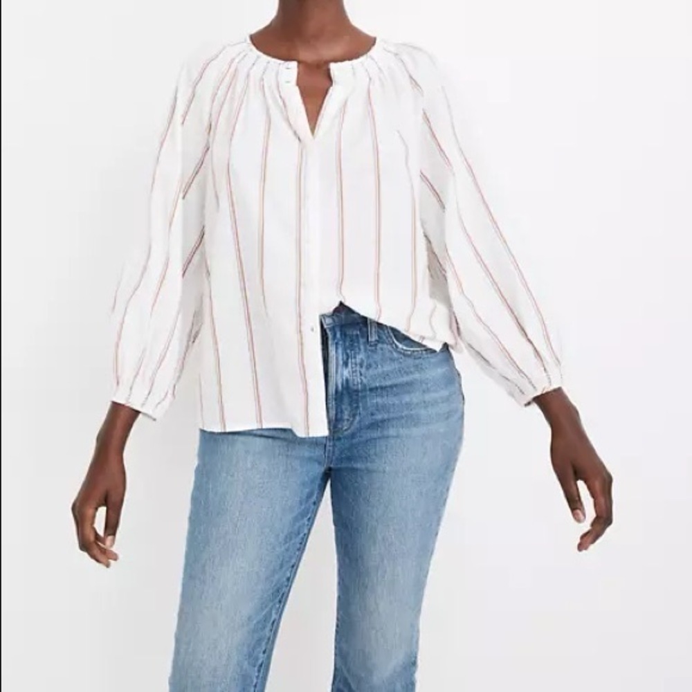 Madewell - Smock Neck Raglan Clip Dot Stripe Button Down Blouse Size Medium